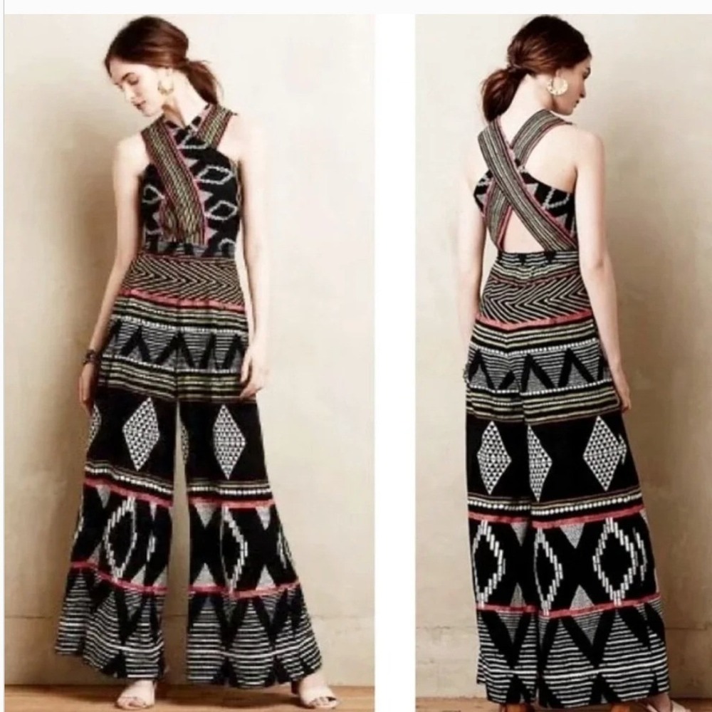 Anthropologie Elevenses Amapa Wide Leg Jumpsuit SZ 6 Tribal Print‎ Boho Festival